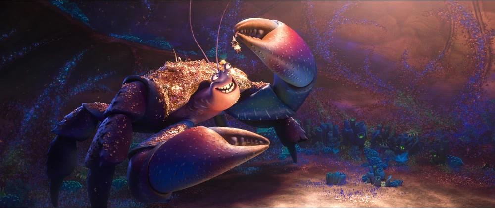 Natsuki from DDLC as Tamatoa, a bioluminescent blue and purple crab creature in a dark underwater scene