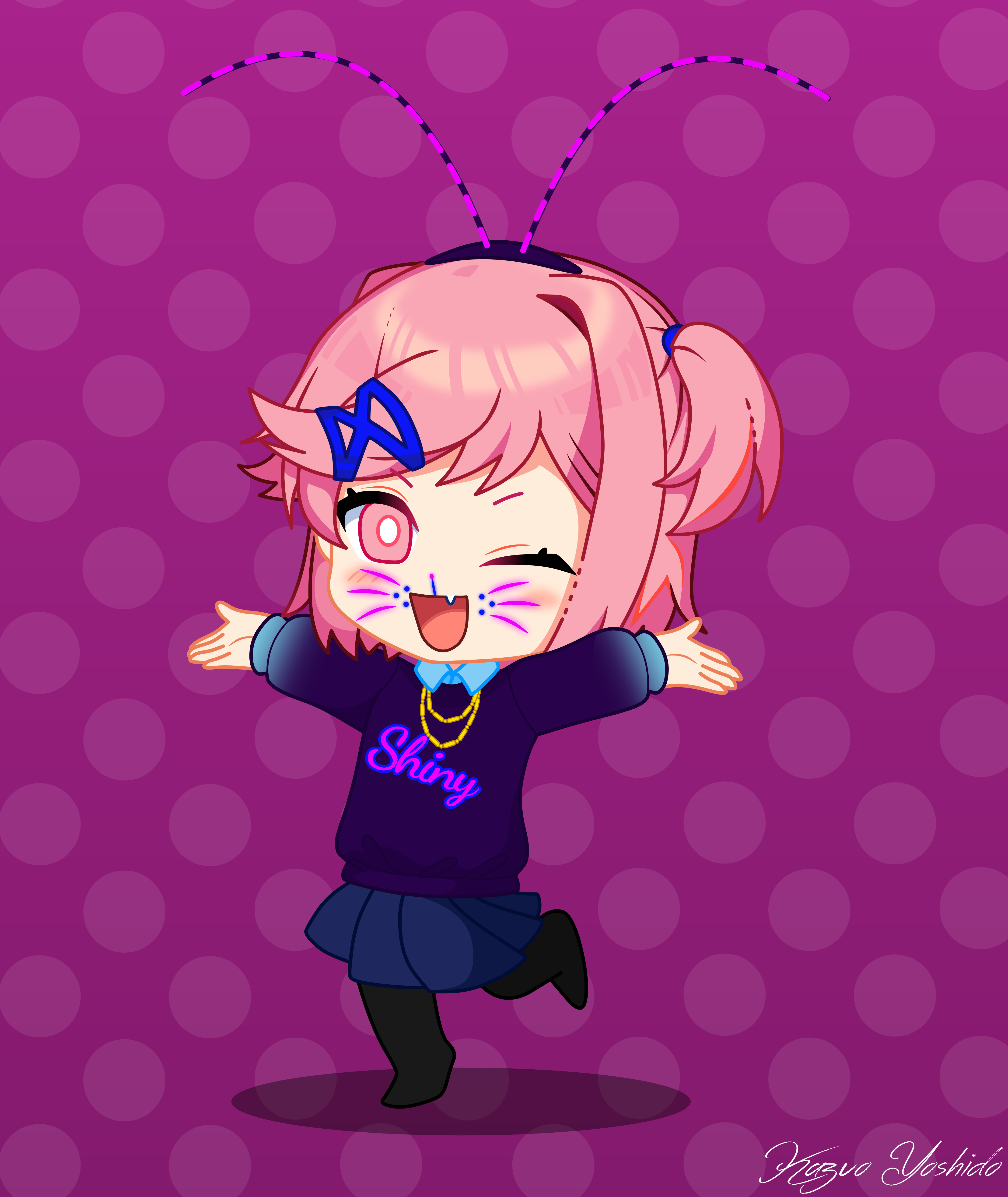 Natsuki from DDLC as Tamatoa, a bioluminescent blue and purple crab creature in a dark underwater scene