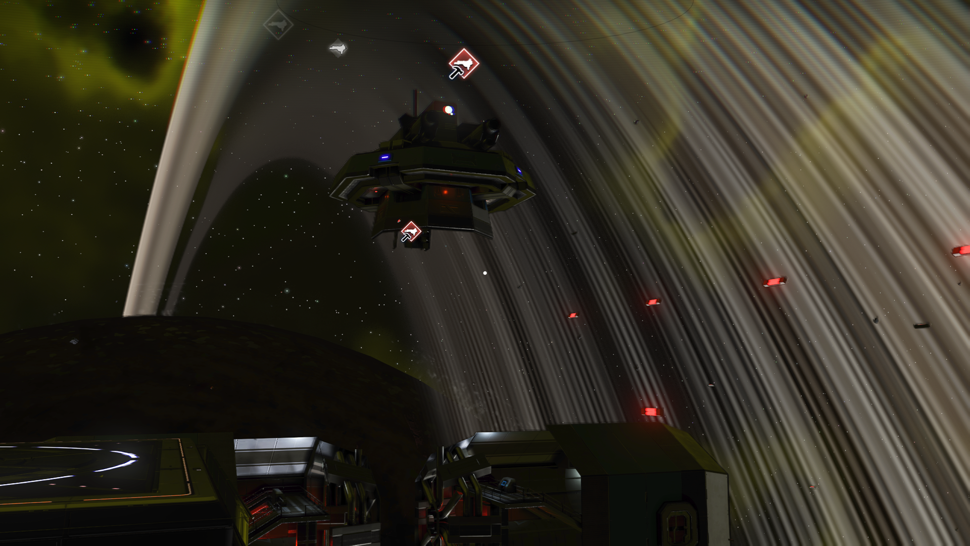 No Man's Sky frigate space station floating above a planetary ring against a yellow nebula