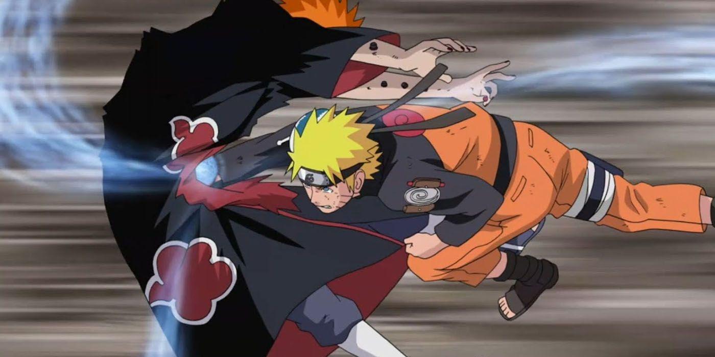 Naruto and Pain in action poses, featuring an orange jumpsuit and a black cloak with red clouds.
