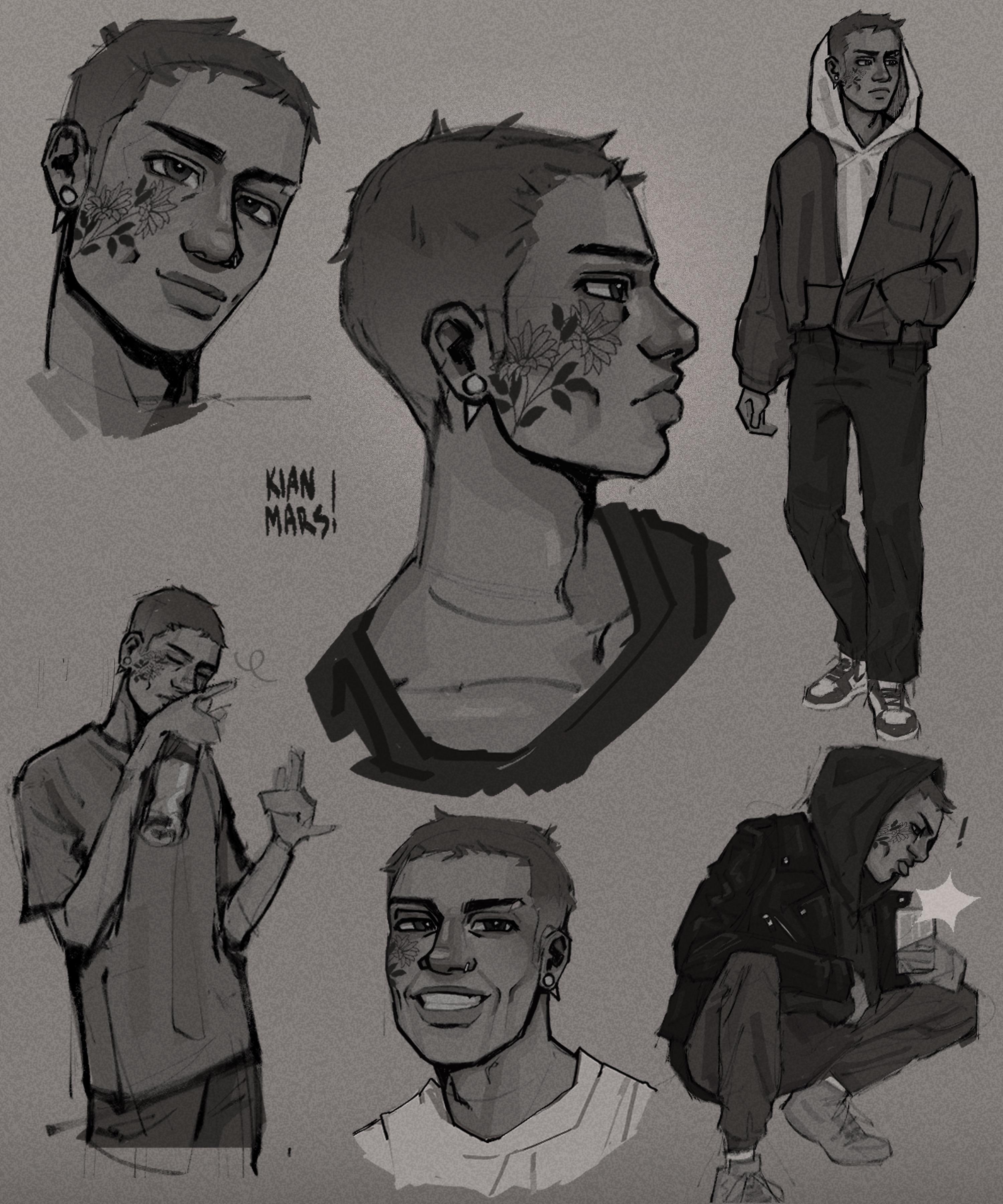 Character design and concept art by Kian Mars featuring diverse people in streetwear with tattoos.