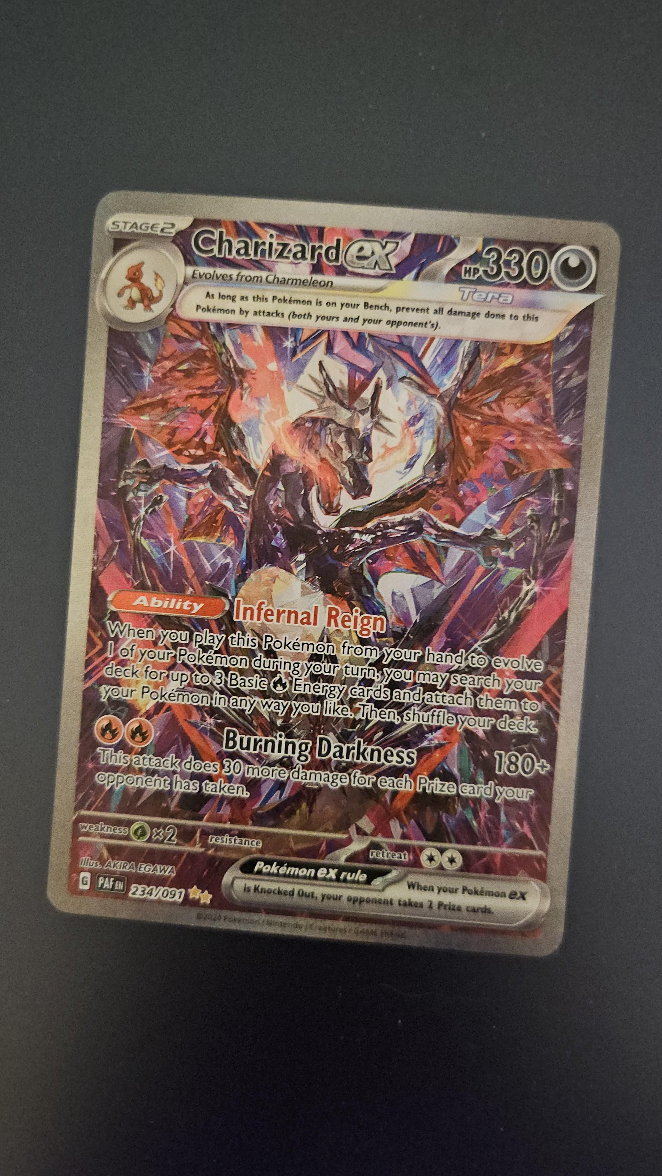 Charizard Pokémon card front and back on a dark surface