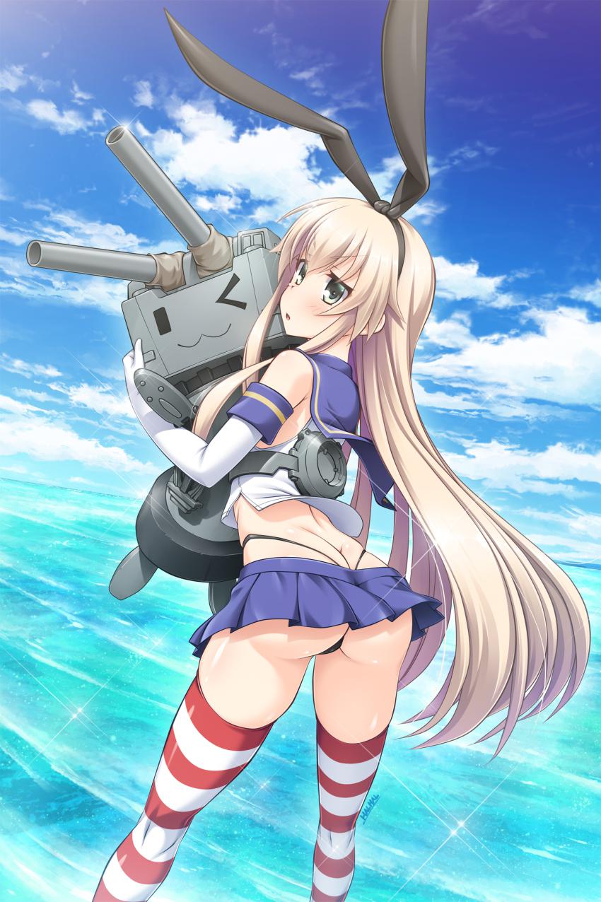 Shimakaze anime girl with blonde hair and bunny ears holding a ship turret on a beach, wearing a thong and purple top