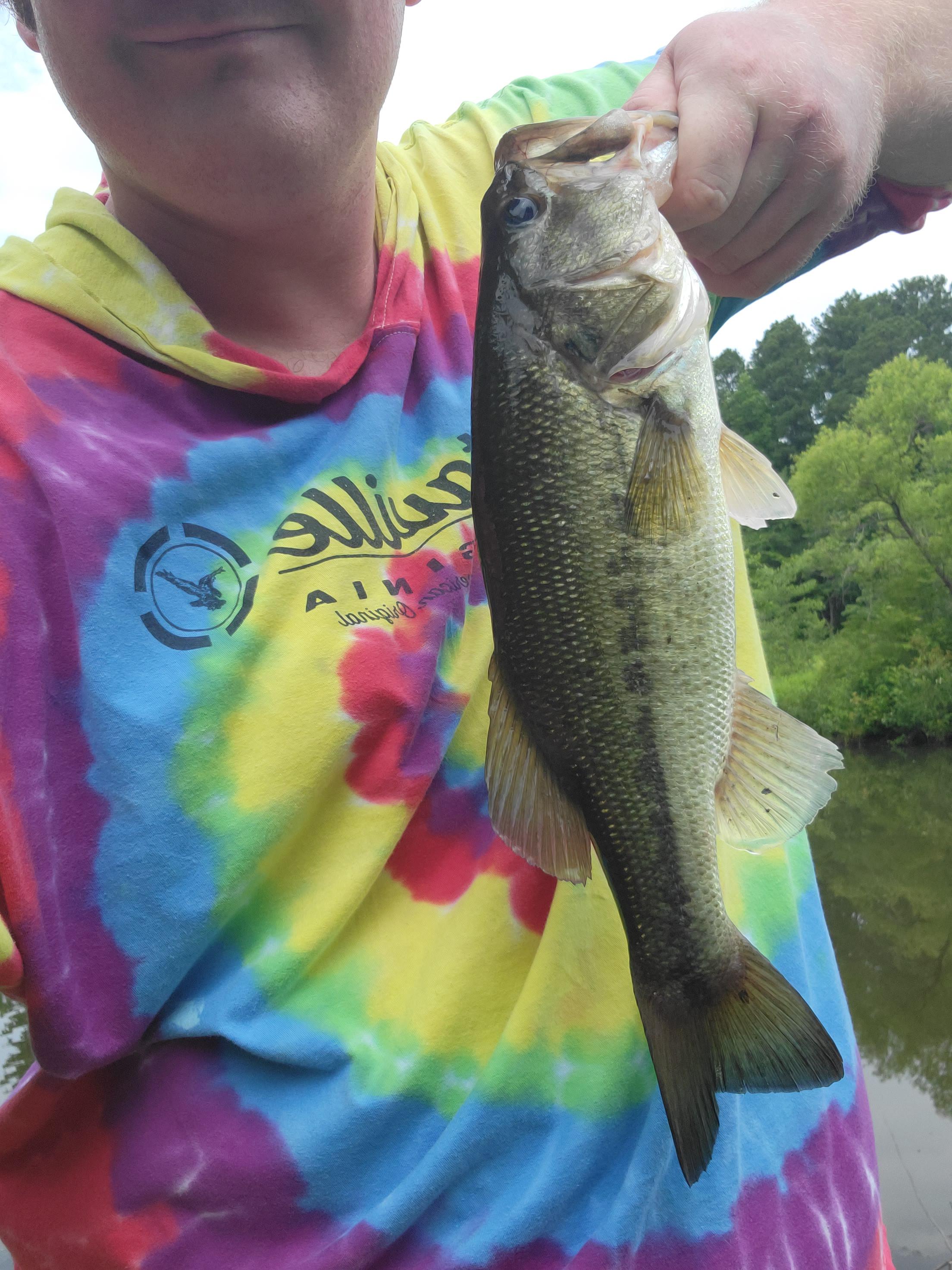 A person in a colorful tie-dye hoodie smiling and holding a large bass fish by a wooded lake.