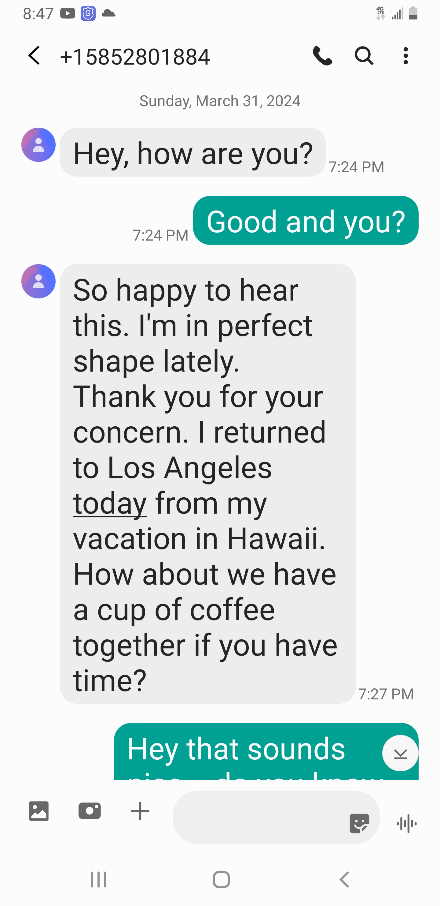 Scambaiting text messages showing a weird and ironic conversation about a cafe in Little Armenia.