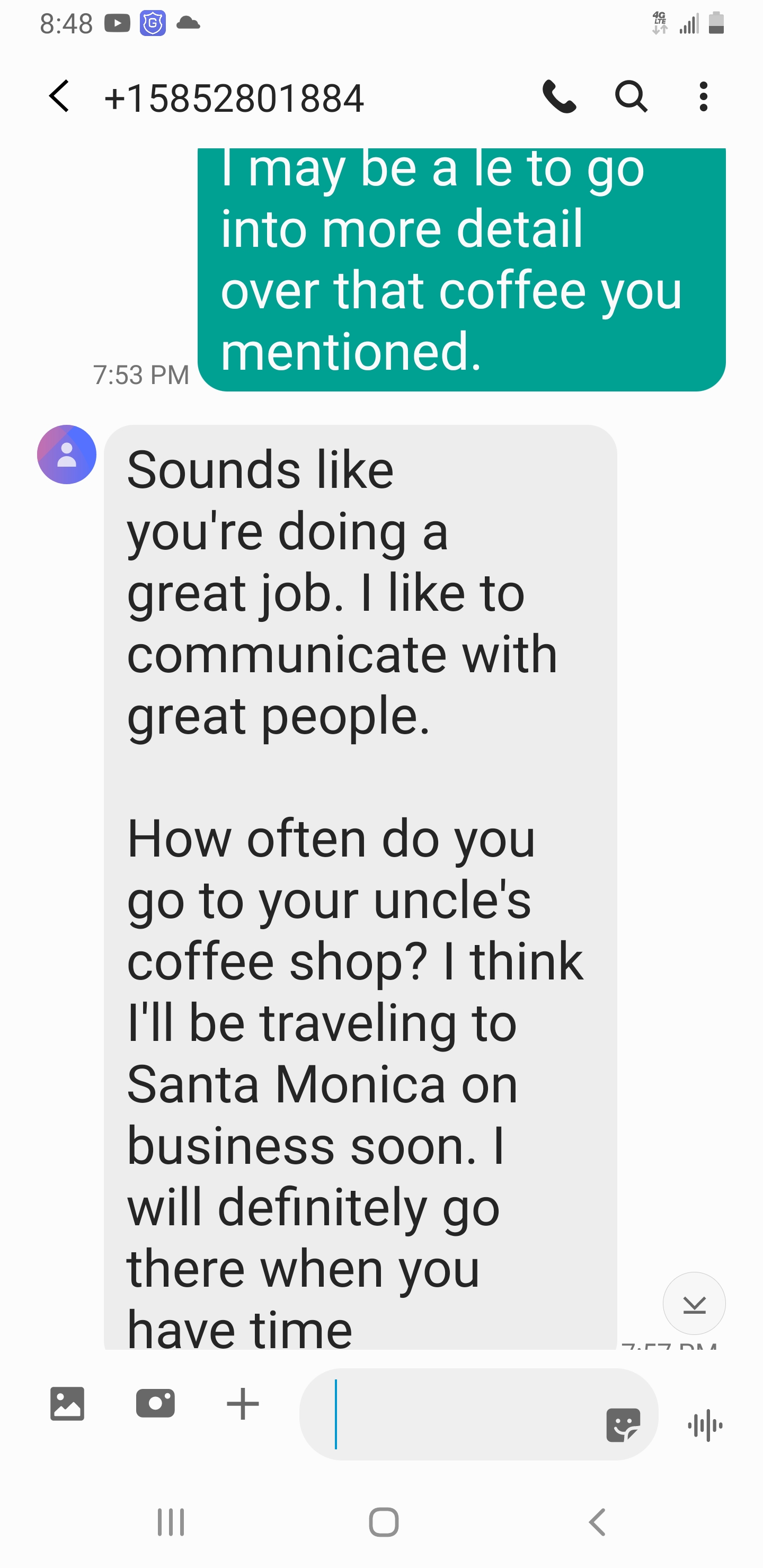 Scambaiting text messages showing a weird and ironic conversation about a cafe in Little Armenia.
