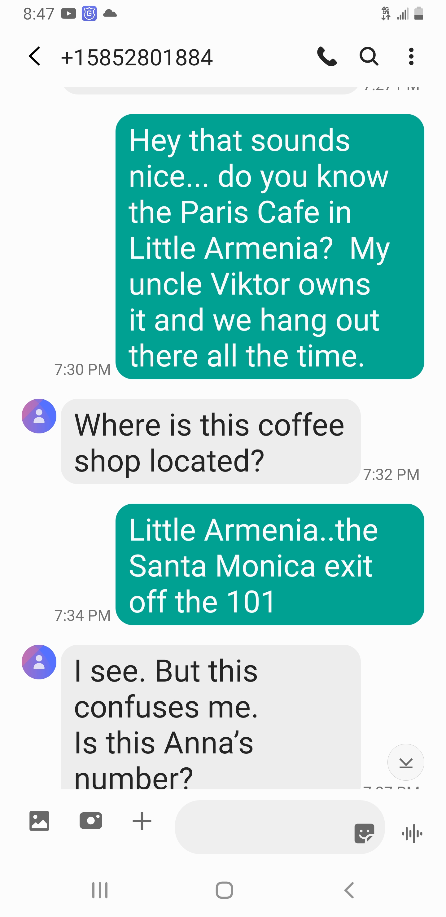 Scambaiting text messages showing a weird and ironic conversation about a cafe in Little Armenia.