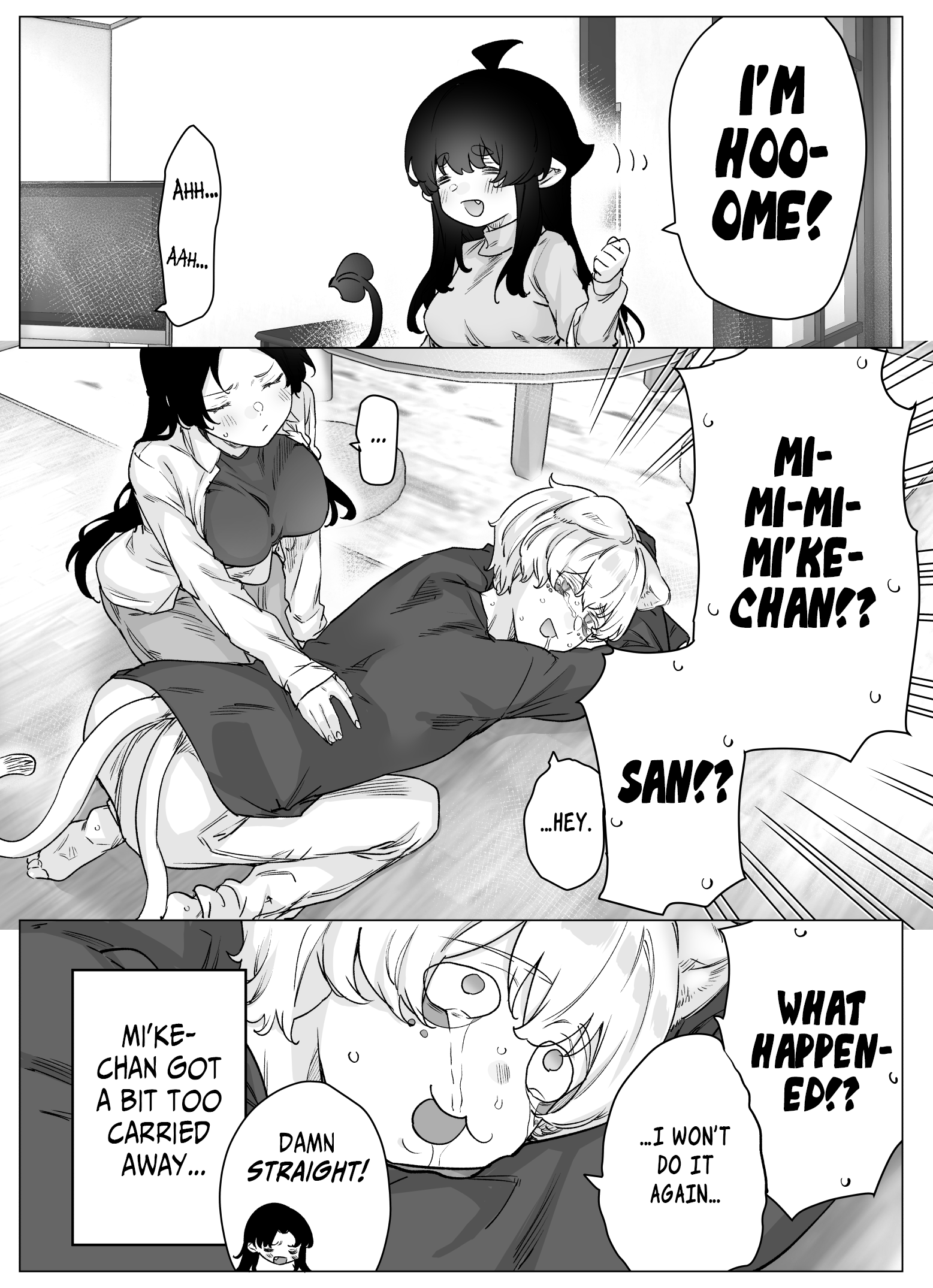 Bakeneko-chan busty woman in white shirt and black bra experiencing arousal and ejaculation in anime style