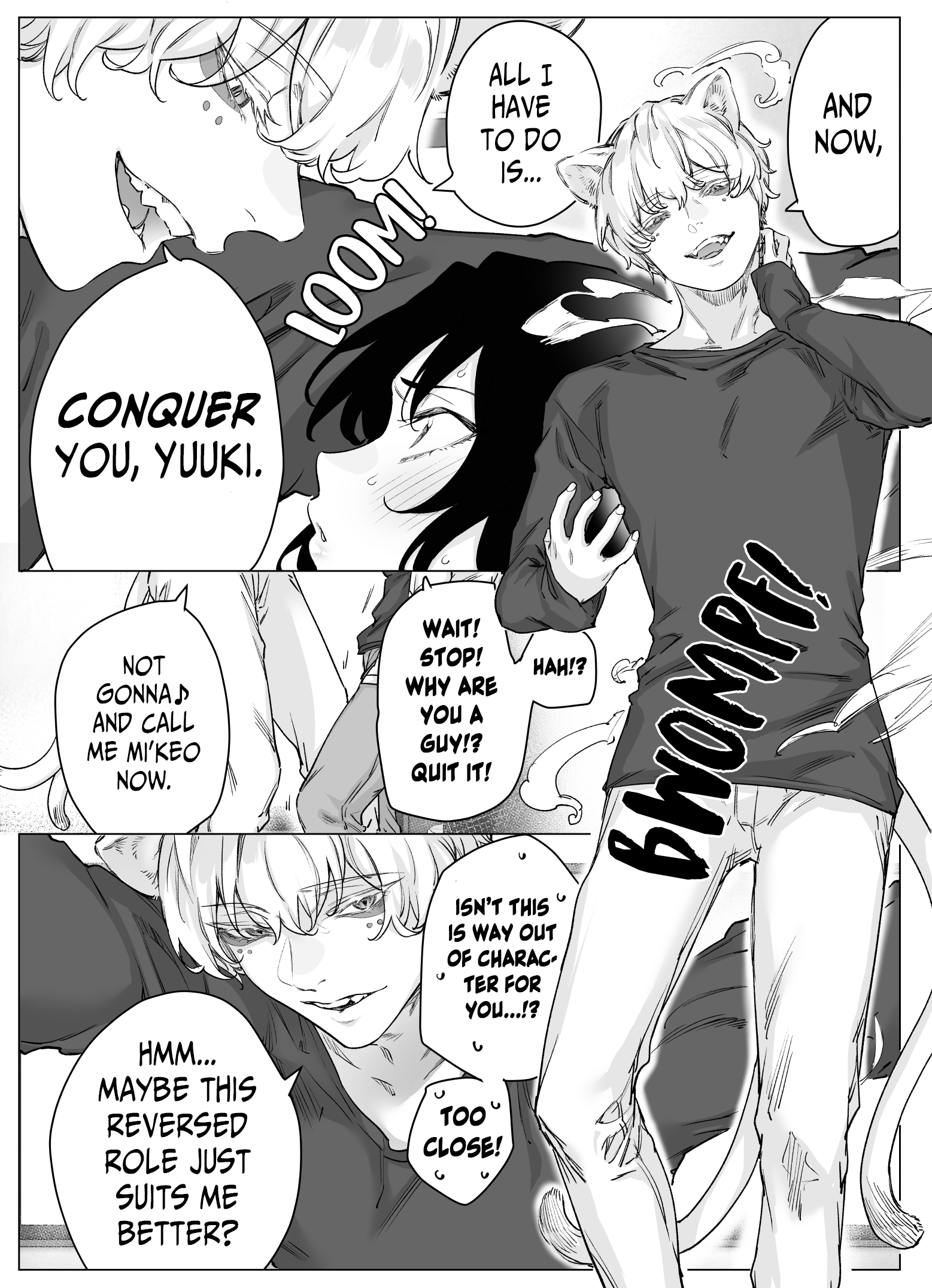Bakeneko-chan busty woman in white shirt and black bra experiencing arousal and ejaculation in anime style
