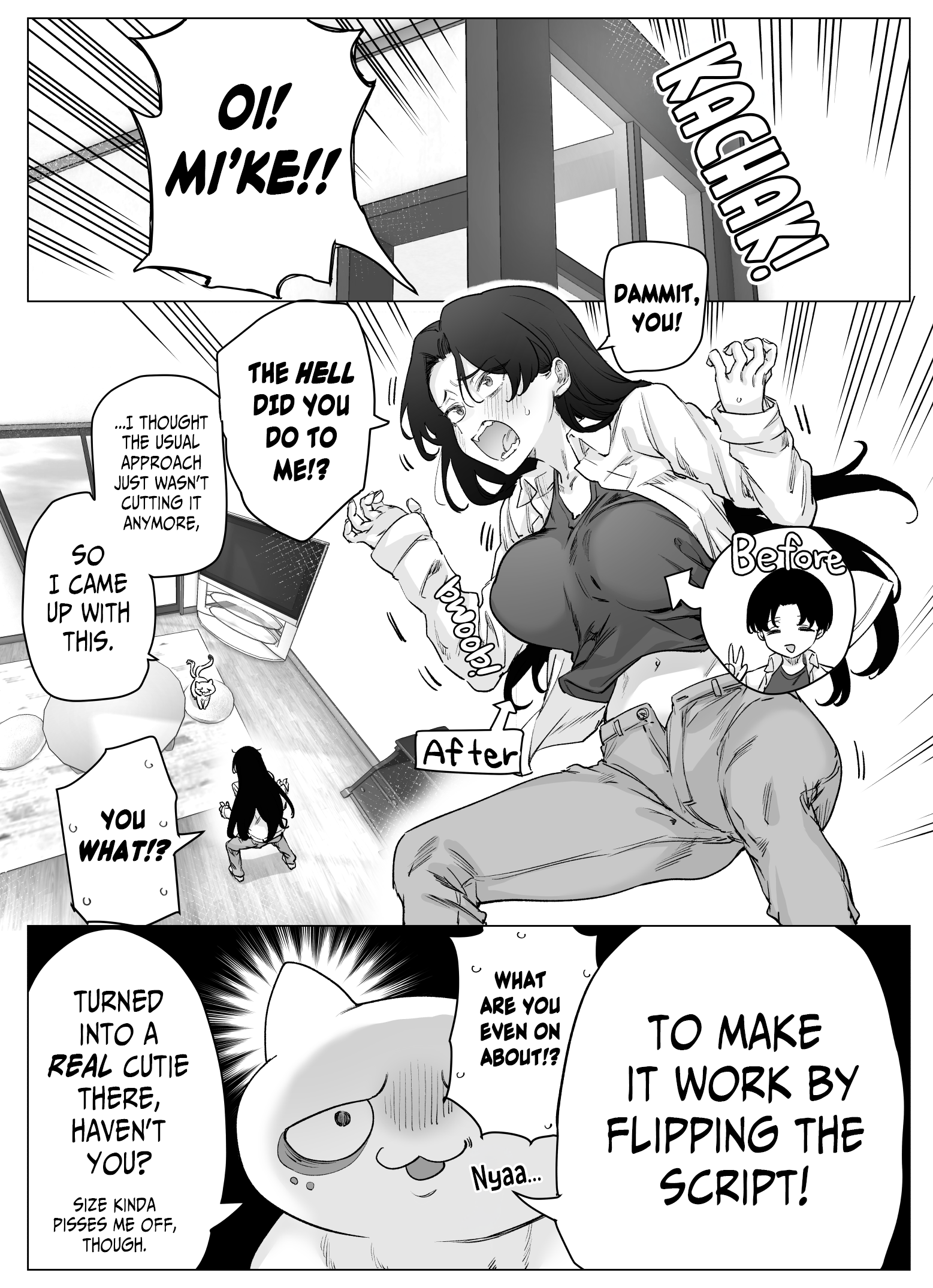 Bakeneko-chan busty woman in white shirt and black bra experiencing arousal and ejaculation in anime style
