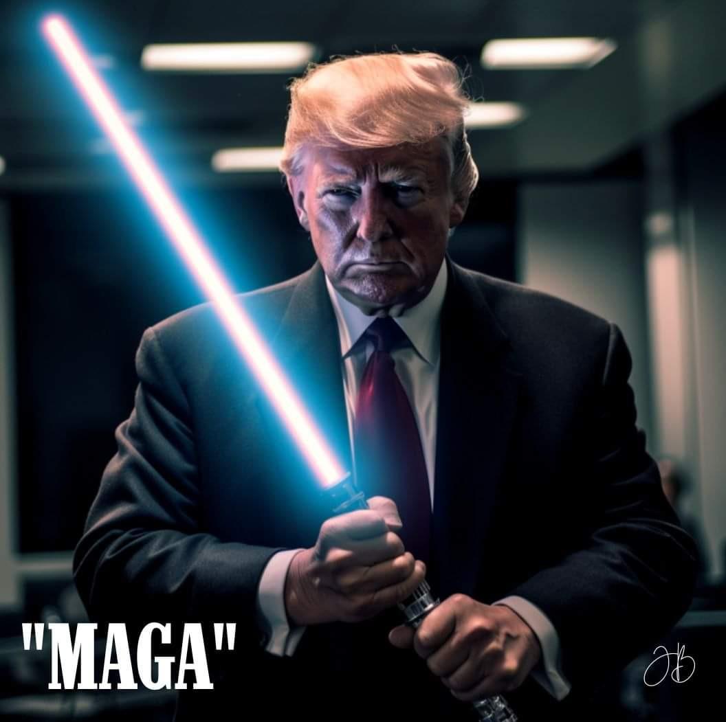 Supertrump in a superhero suit, a suit, and a tank top with a lightsaber and muscular physique