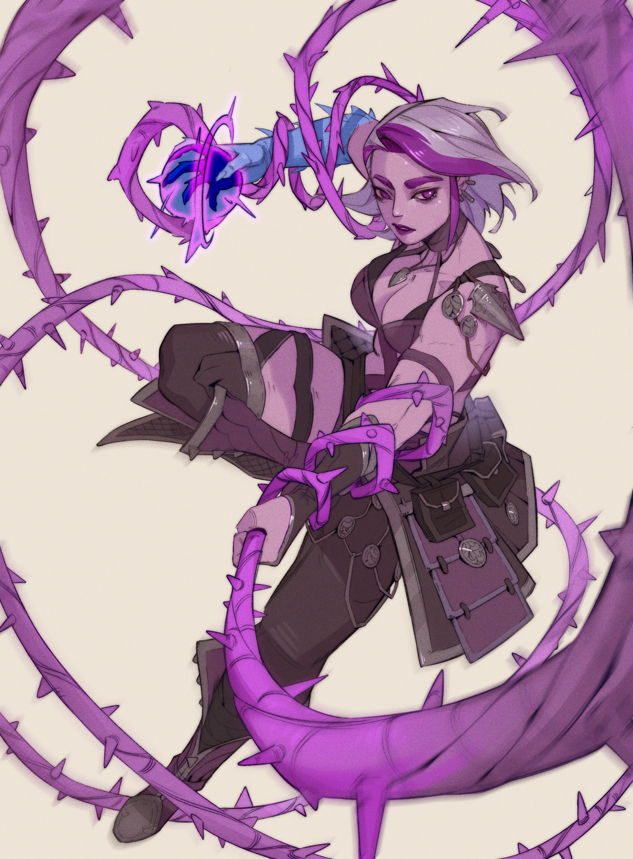 Wood Elf Druid with short purple hair and a dark purple tactical outfit surrounded by glowing purple tentacles