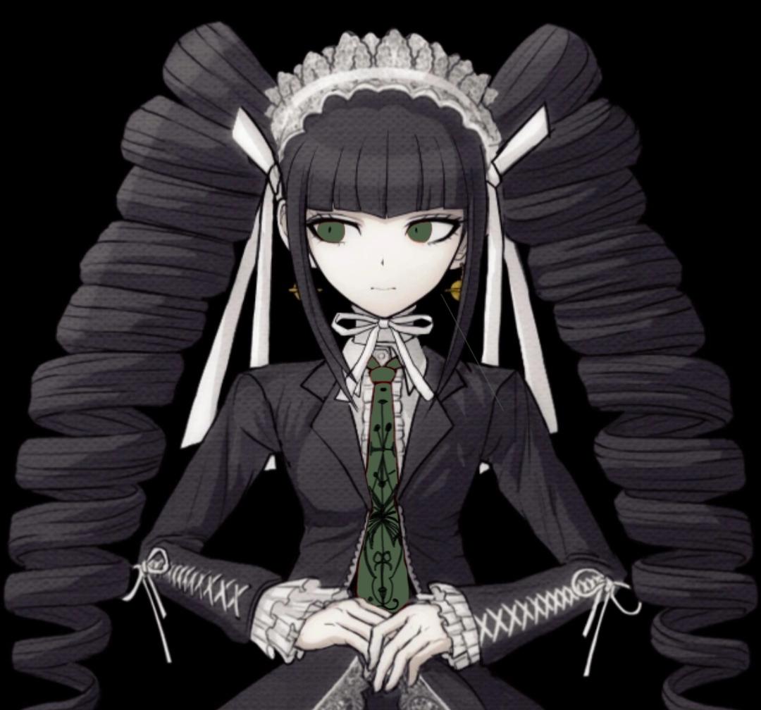 Danganronpa anime characters with diverse hair colors and outfits including a gothic dress and white coat