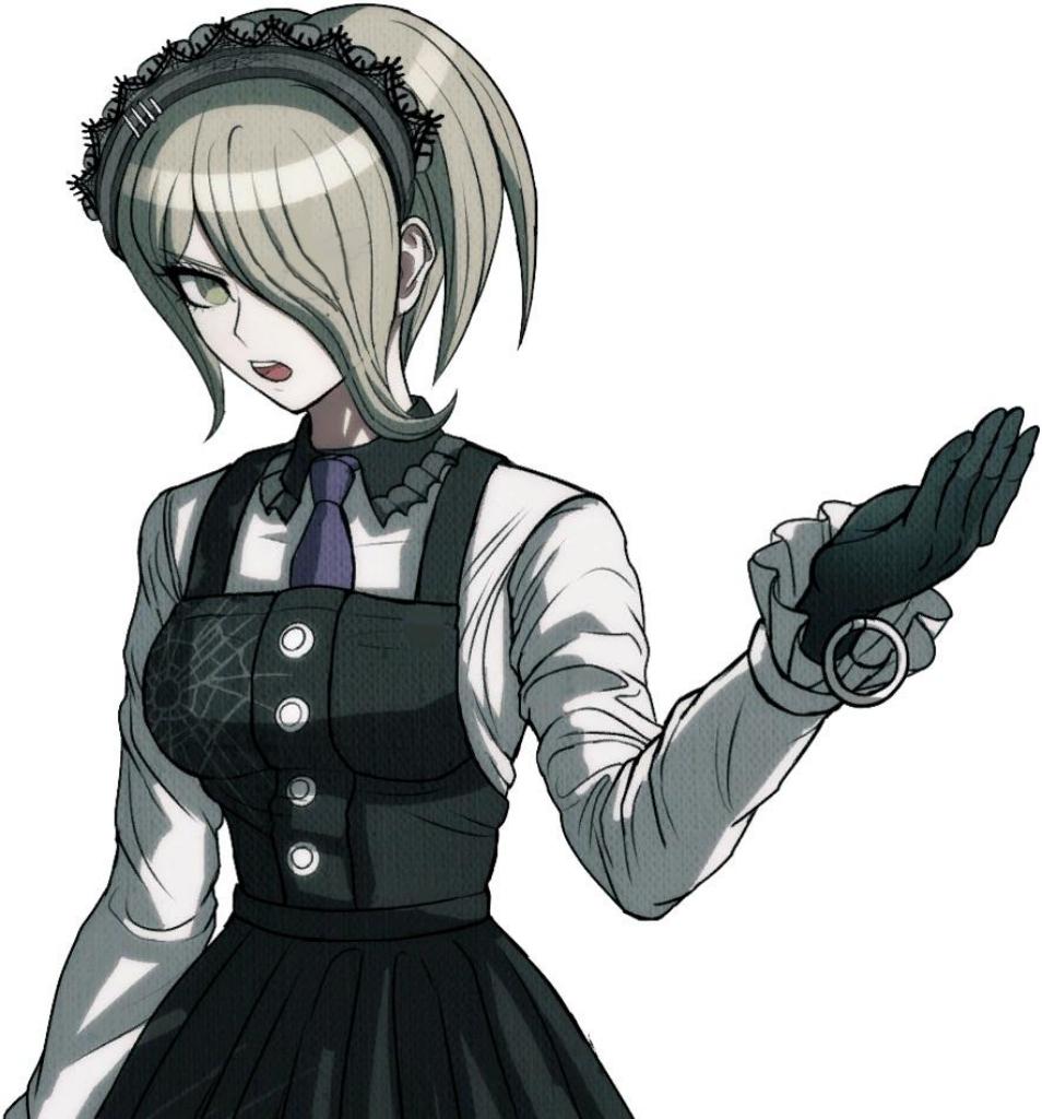 Danganronpa anime characters with diverse hair colors and outfits including a gothic dress and white coat
