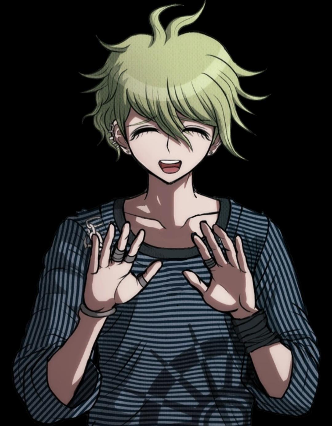 Danganronpa anime characters with diverse hair colors and outfits including a gothic dress and white coat