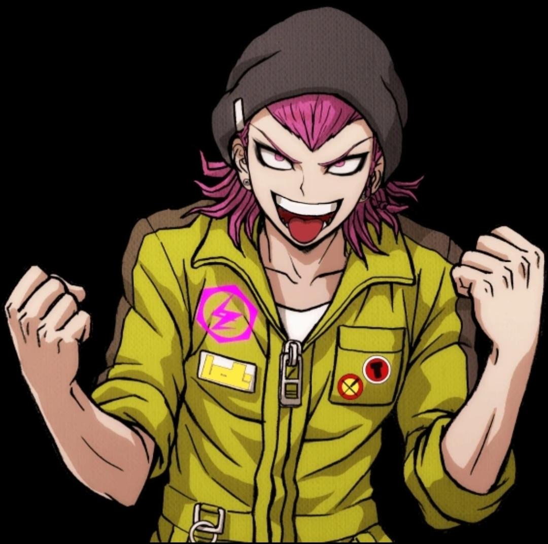 Danganronpa anime characters with diverse hair colors and outfits including a gothic dress and white coat