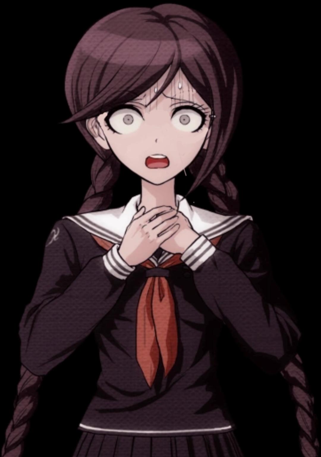 Danganronpa anime characters with diverse hair colors and outfits including a gothic dress and white coat