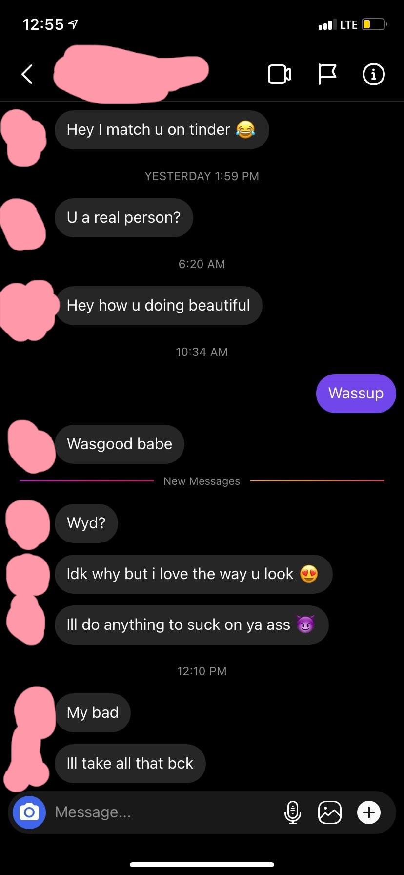 Curvy brunette woman in a blue crop top and Tinder sexting screenshots with dirty talk.