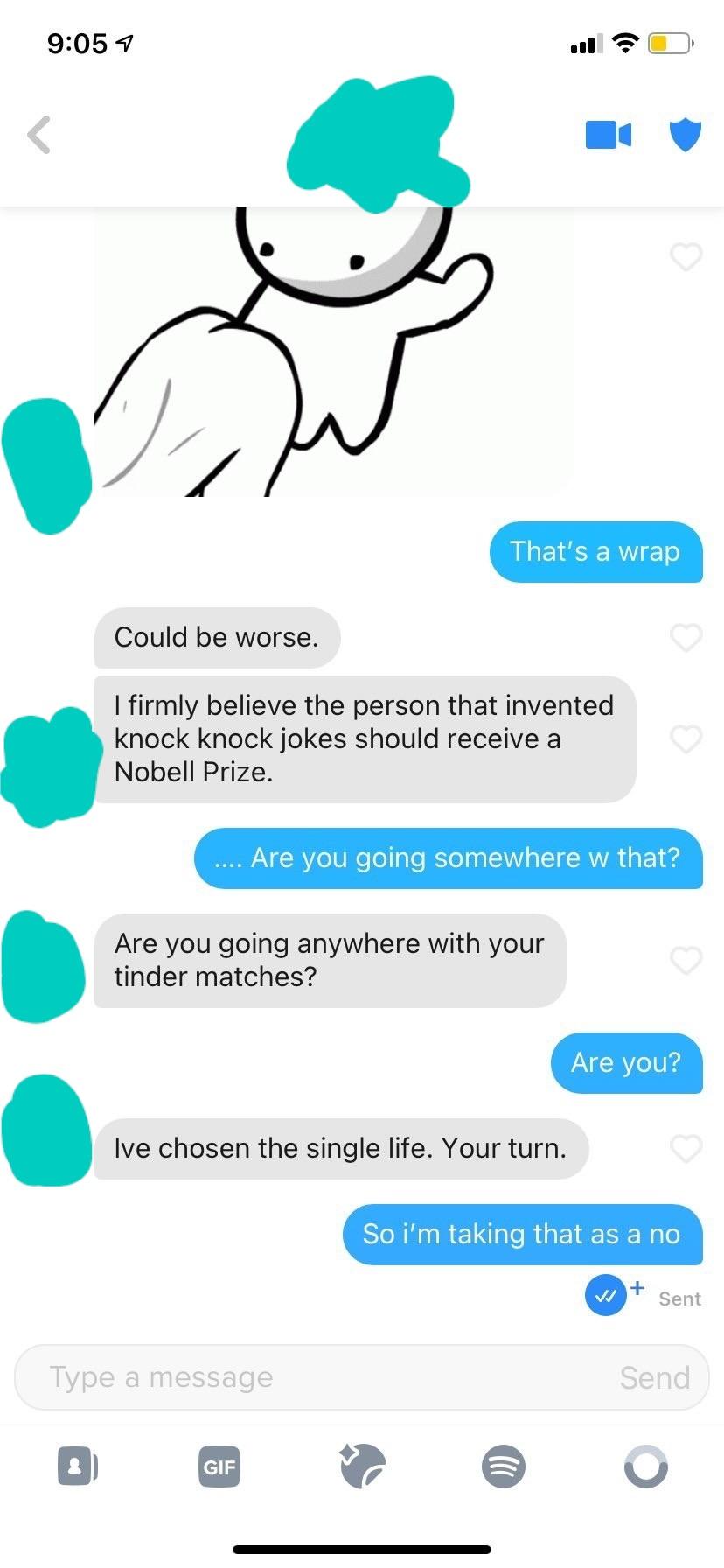 Curvy brunette woman in a blue crop top and Tinder sexting screenshots with dirty talk.
