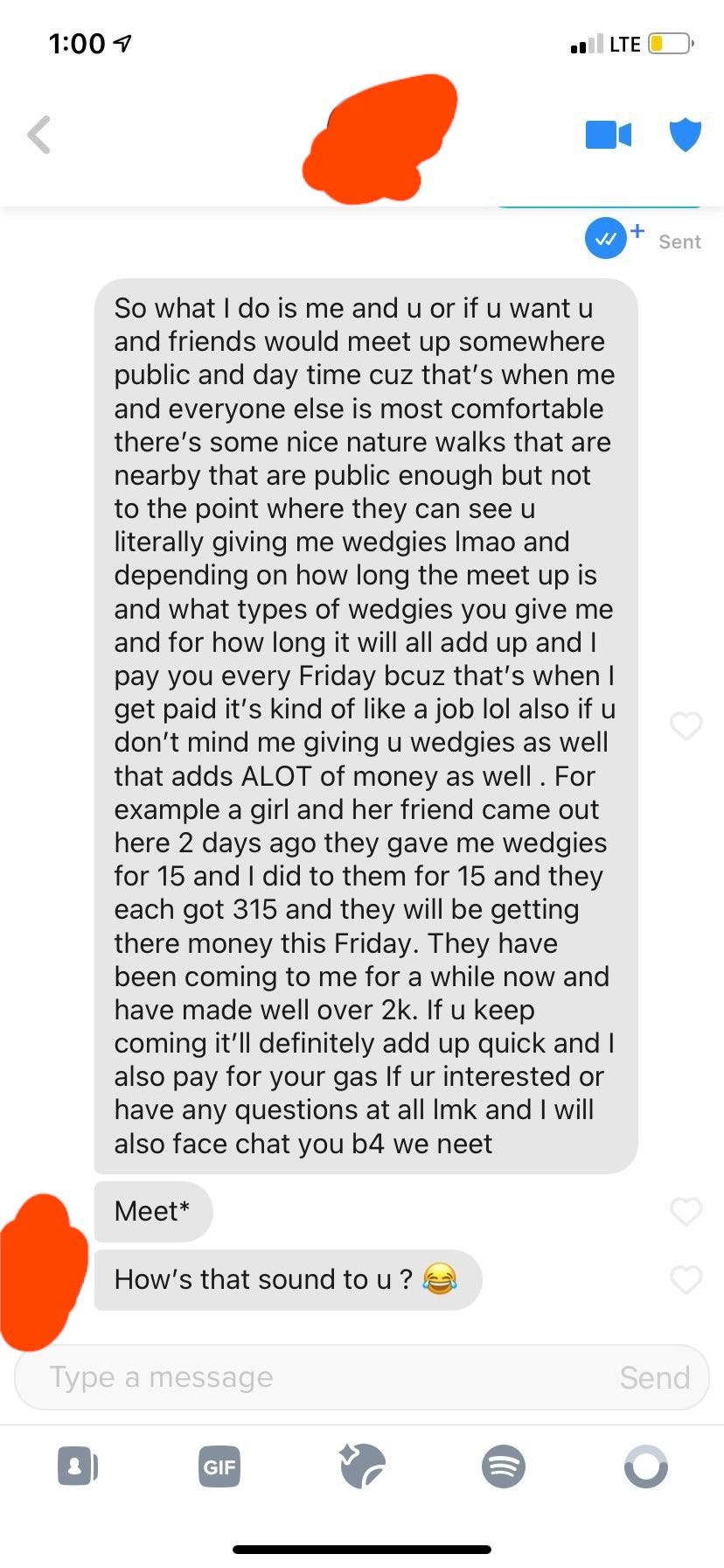 Curvy brunette woman in a blue crop top and Tinder sexting screenshots with dirty talk.