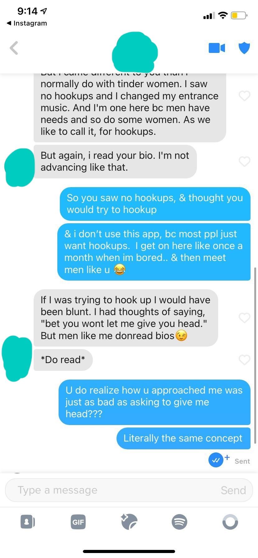 Curvy brunette woman in a blue crop top and Tinder sexting screenshots with dirty talk.