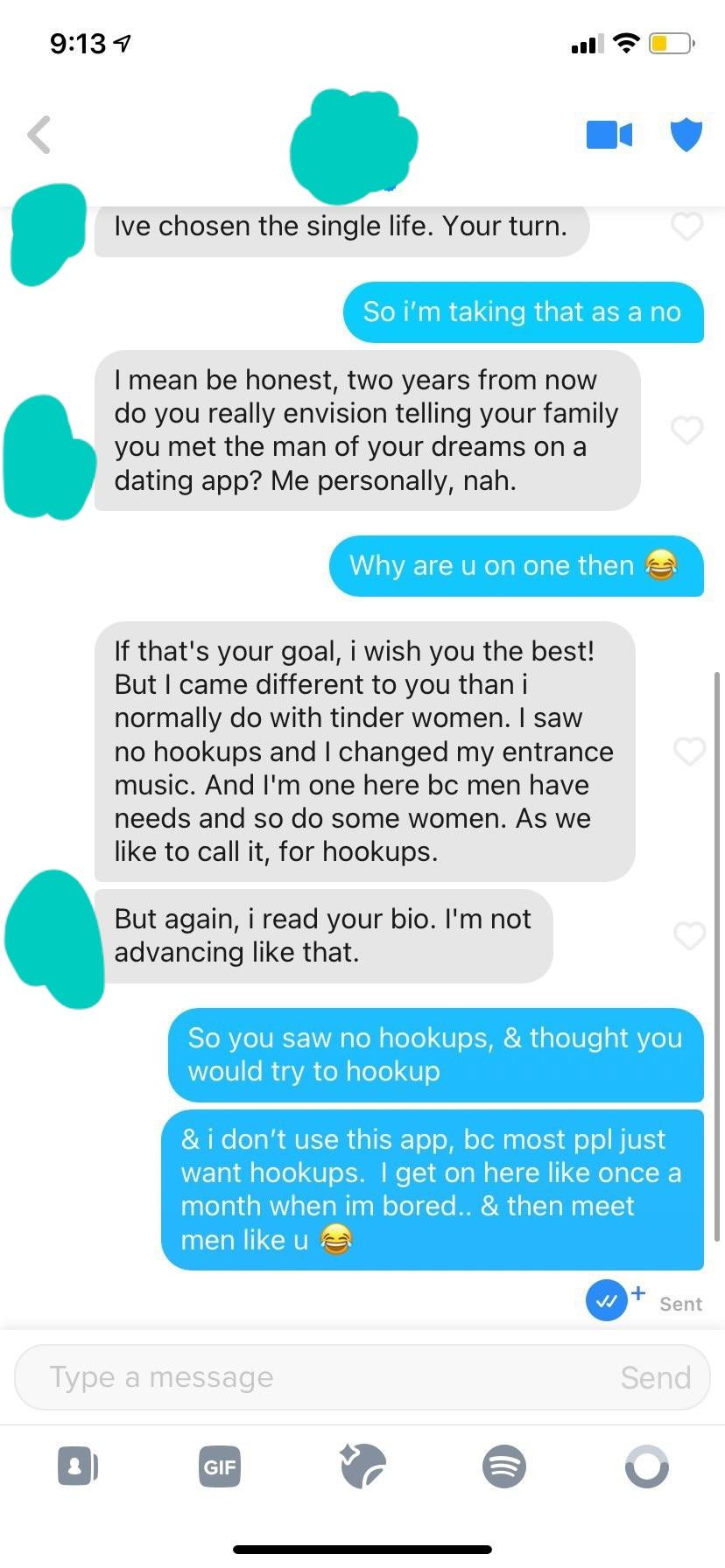 Curvy brunette woman in a blue crop top and Tinder sexting screenshots with dirty talk.