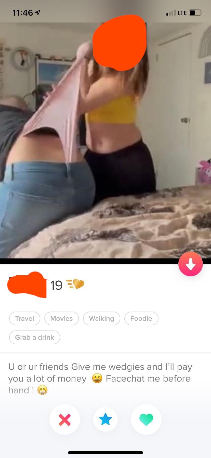Curvy brunette woman in a blue crop top and Tinder sexting screenshots with dirty talk.