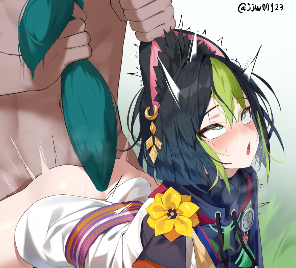 Genshin Impact femboys and characters in bondage and sexual situations, featuring ahegao and BDSM gear