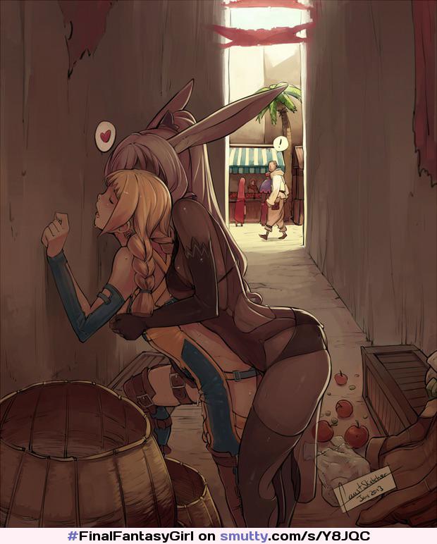 Anime ecchi art of slim and curvy women, including a blonde in a bunny suit, in romantic and suggestive poses.