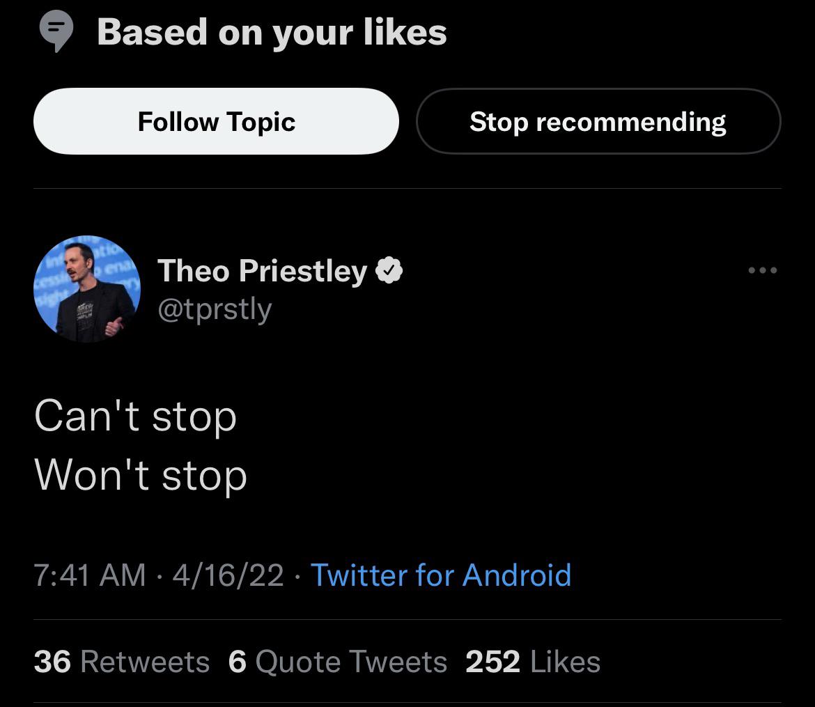 Twitter profile and tweet by Theo Priestley, featuring his profile picture and bio.