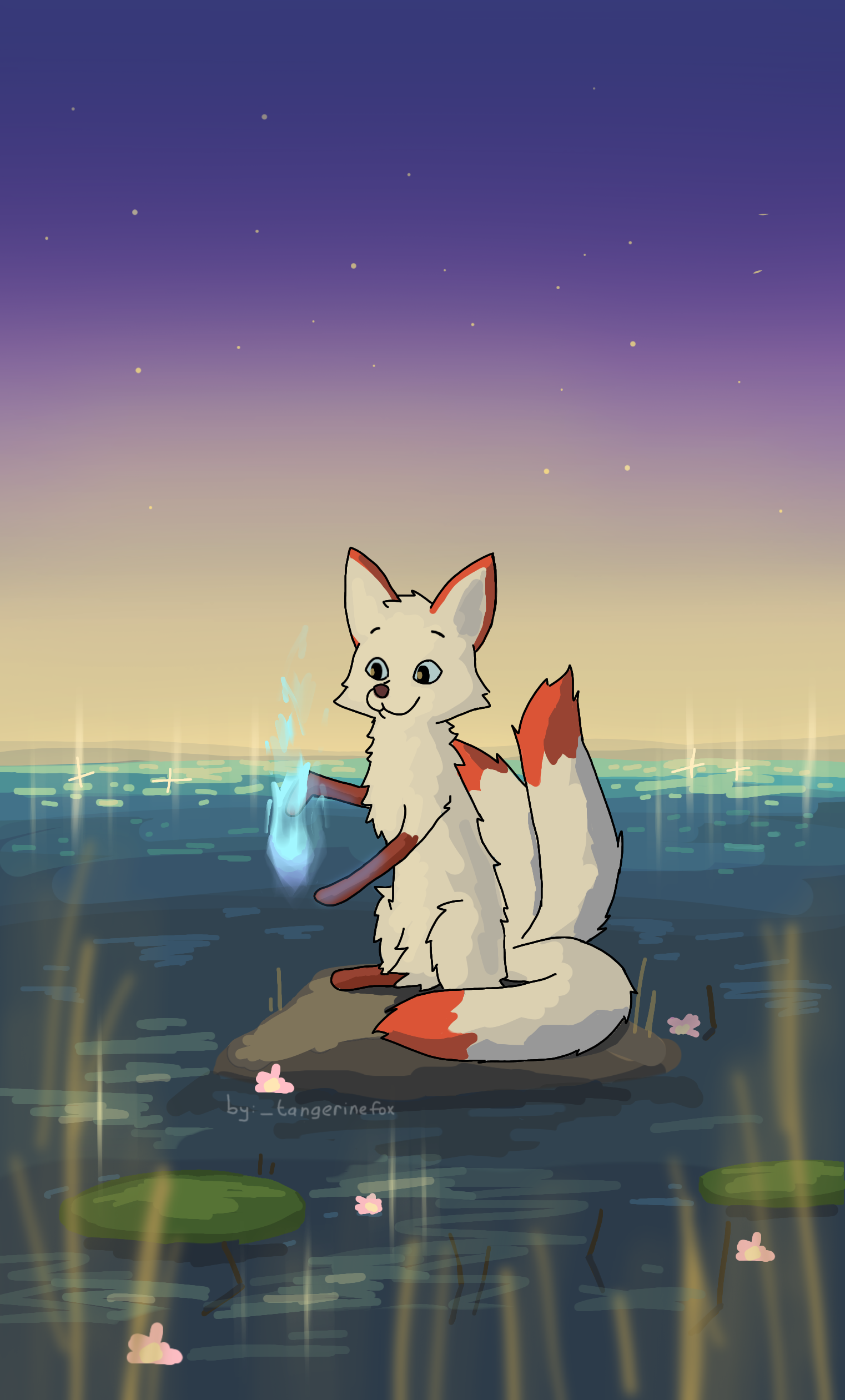 Cute foxy digital art by _tangerinefox featuring foxes with stars, snow, and beach settings