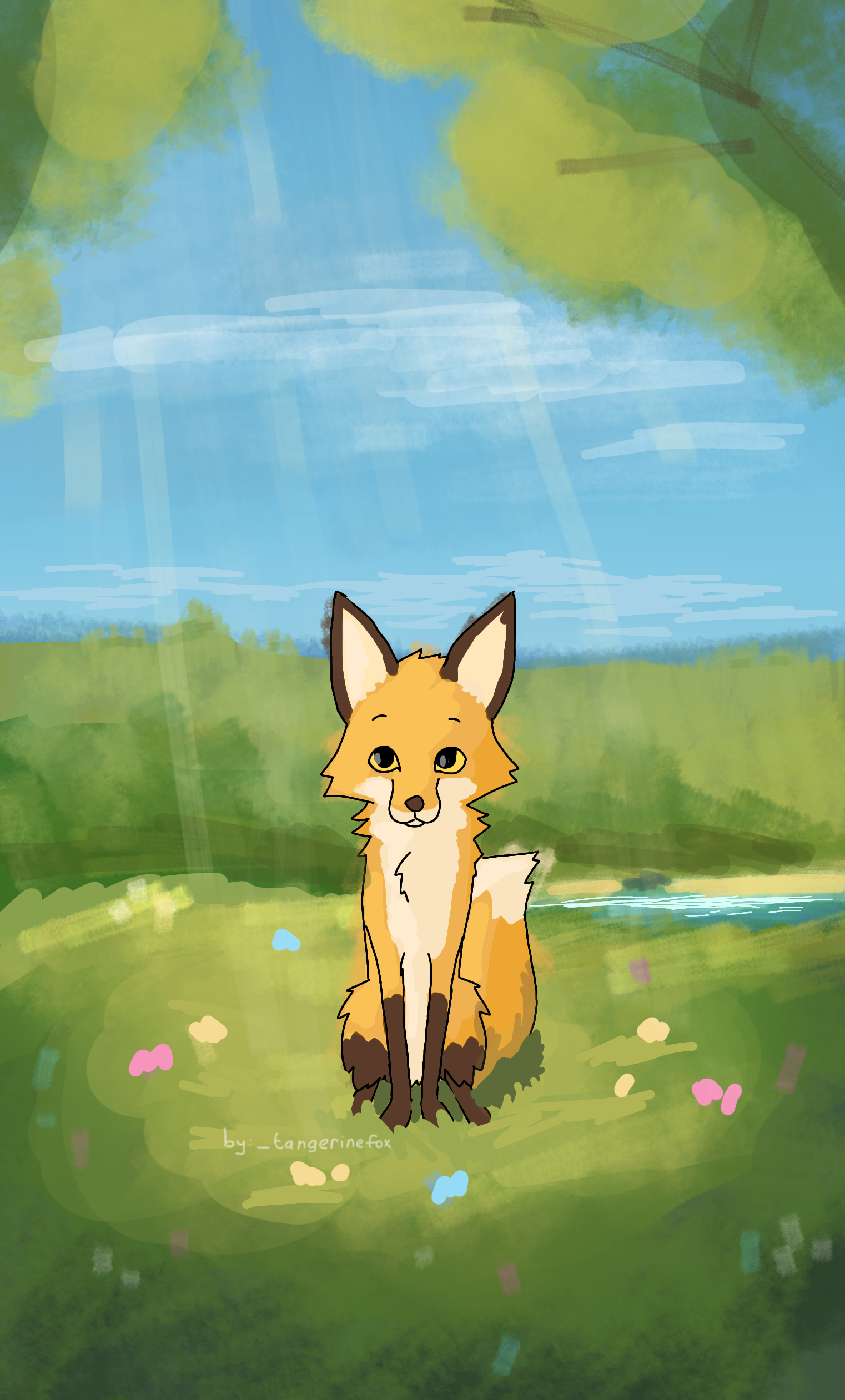 Cute foxy digital art by _tangerinefox featuring foxes with stars, snow, and beach settings