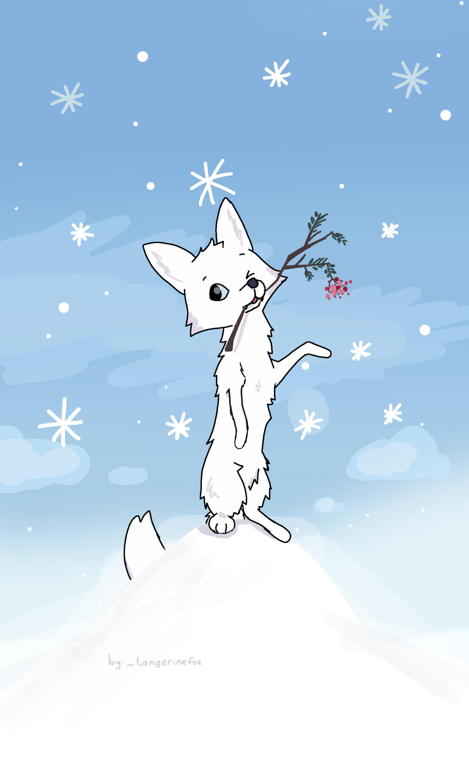 Cute foxy digital art by _tangerinefox featuring foxes with stars, snow, and beach settings
