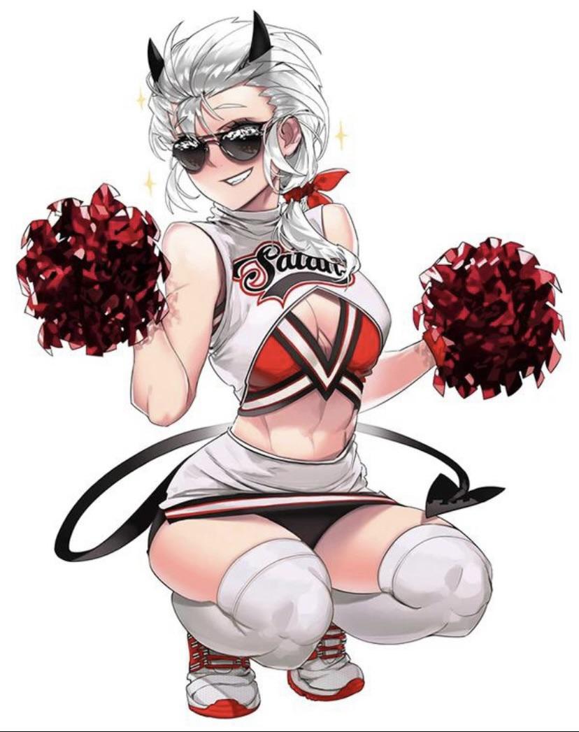 Anime monster girls as a cheerleader, business woman, and in a red bikini with ahegao expressions