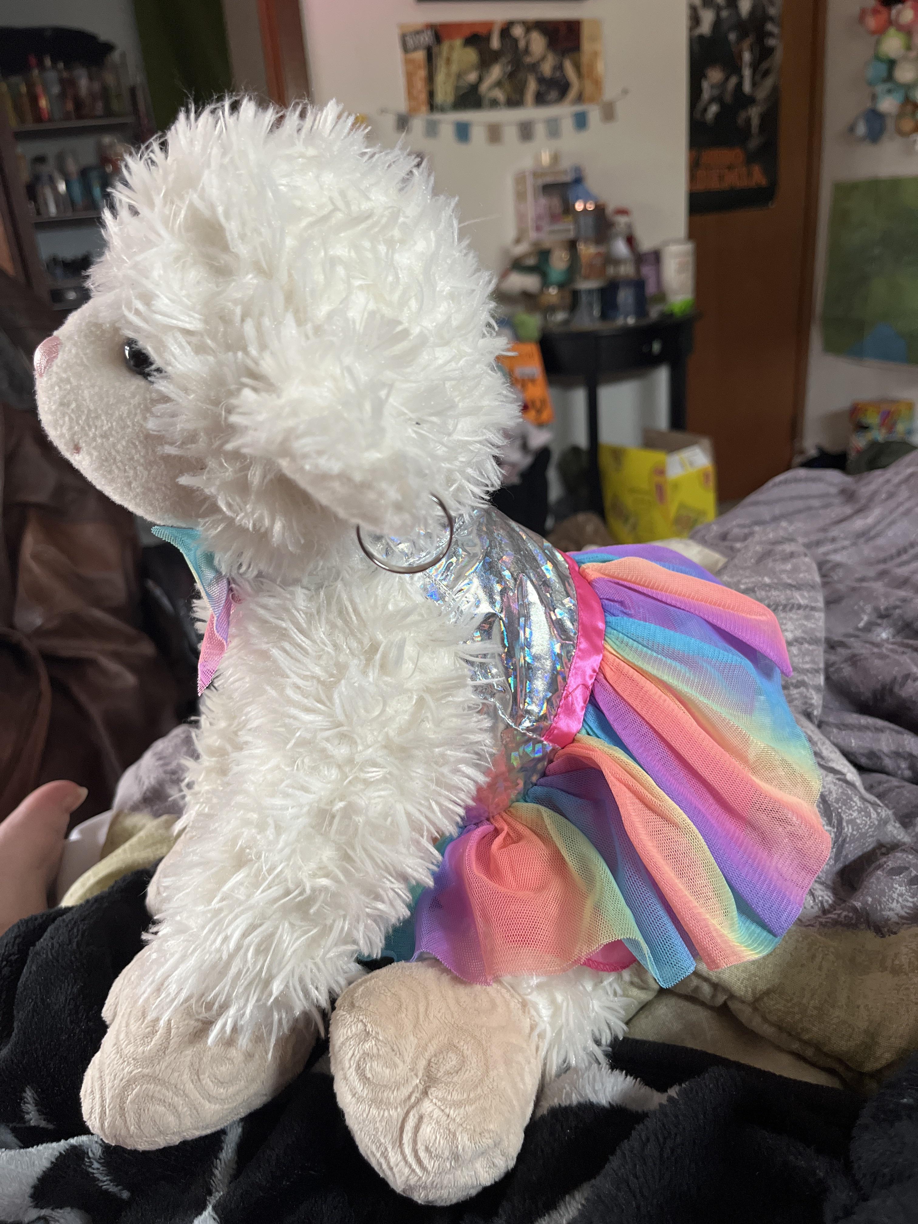 I have a history of giving my sheep/lamb stuffed animals hoop earrings, so I bought some for Eleanor the other day and just now put them in!