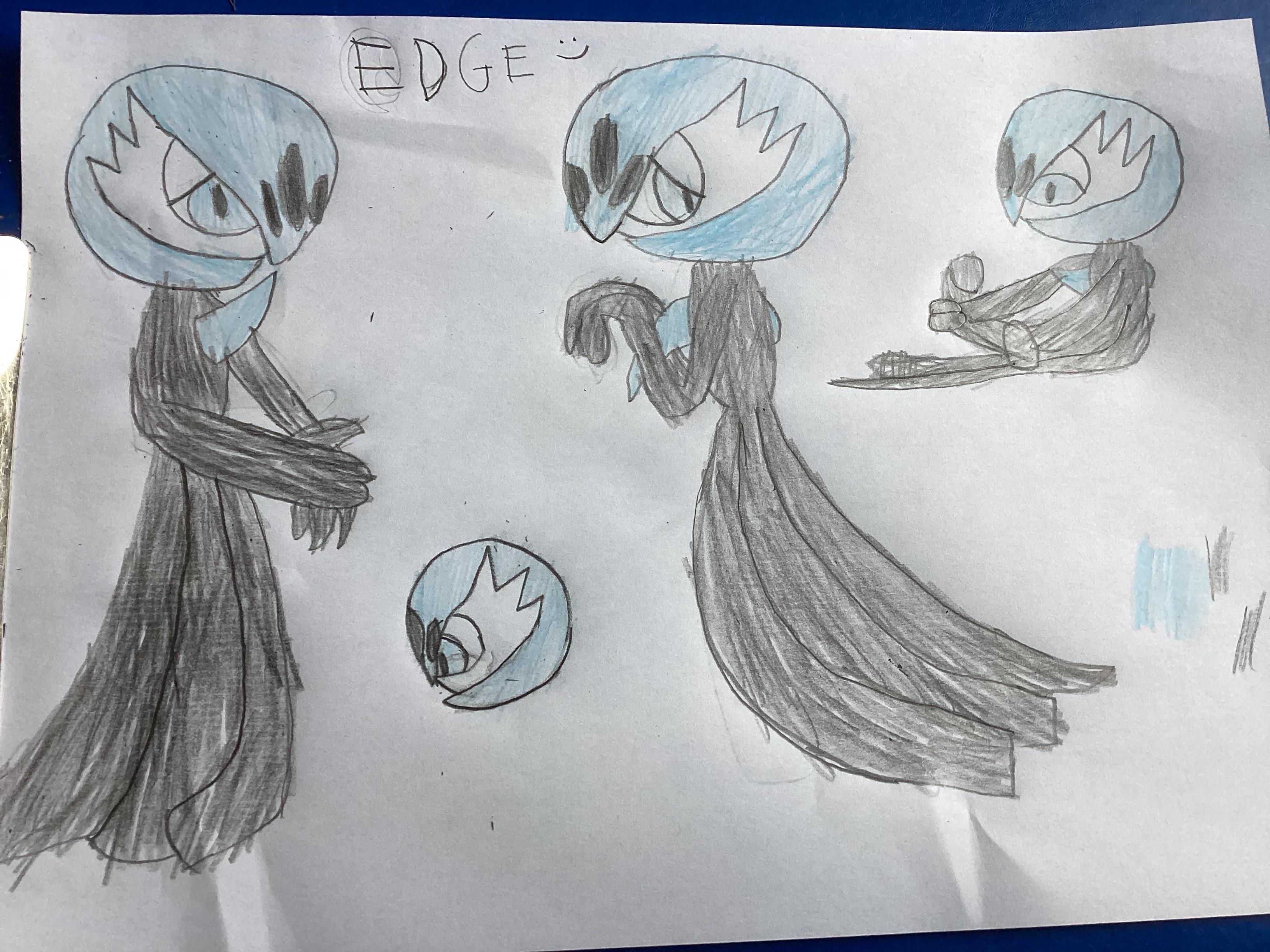 Gardevoir fan art sketches of Edge with blue hair and dark grey robes making funny faces on white paper