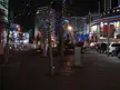Nighttime urban city street with a wooden boardwalk, decorated trees, and a person in dark clothing