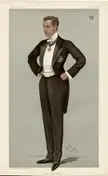 Beauchamp in a black tuxedo and white bow tie, a satire caricature for Vanity Fair