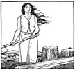 John D. Batten illustration of the Master Maid with her magical Glass Axe among tree stumps