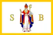 Flag of Dubrovnik featuring a bishop figure in red and blue ecclesiastical robes between the letters S and B