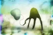 Alien monster concept art of two slender symbiote shapes connected by a thin red line on a watercolor background