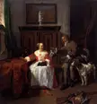 Gabriel Metsu's oil painting The Hunter's Gift showing a man and woman in 17th-century Dutch period clothing with a dog