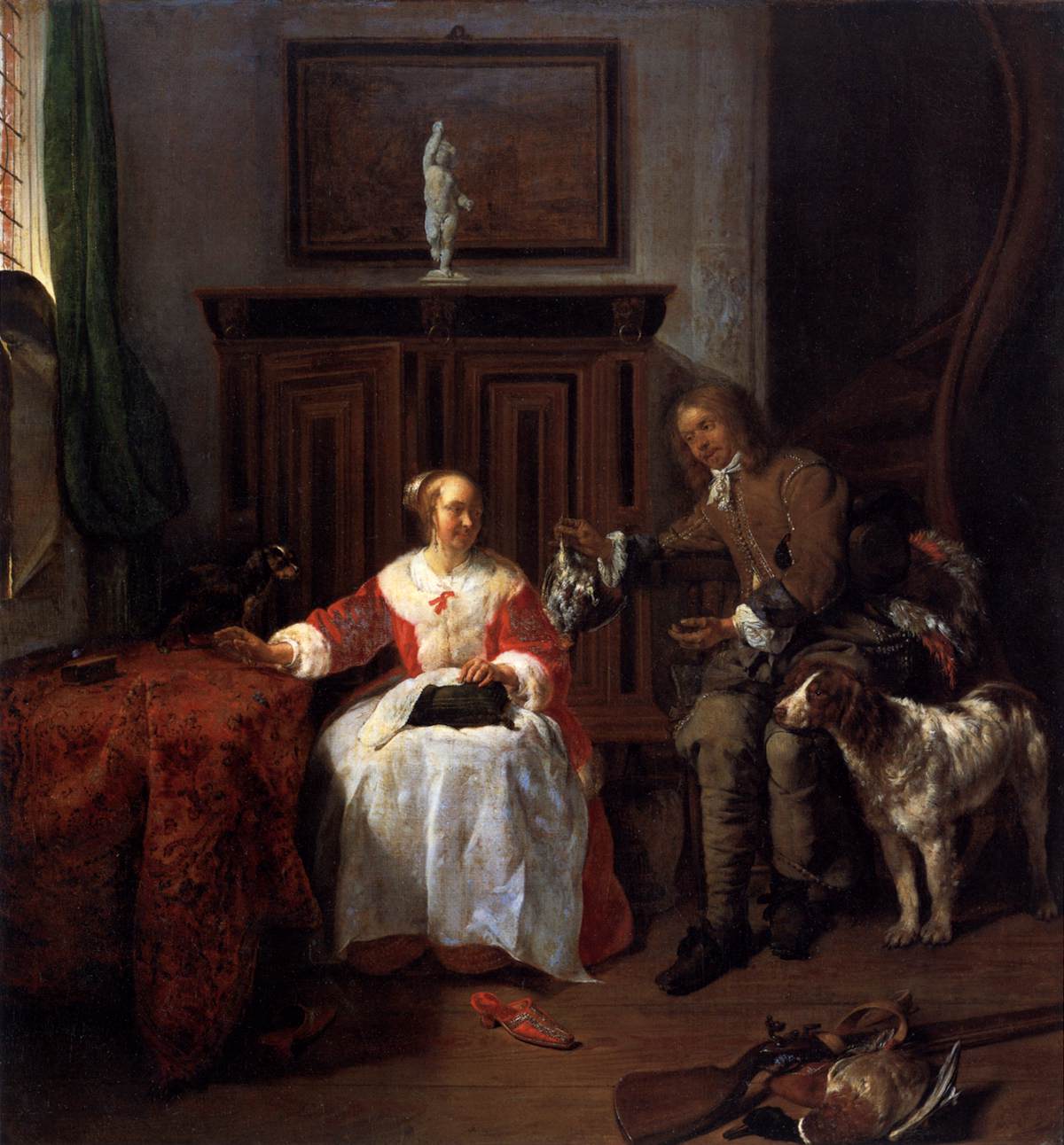 Gabriel Metsu, The Hunter's Gift, c. 1660, a study in marital relations, with a visual pun.[48]