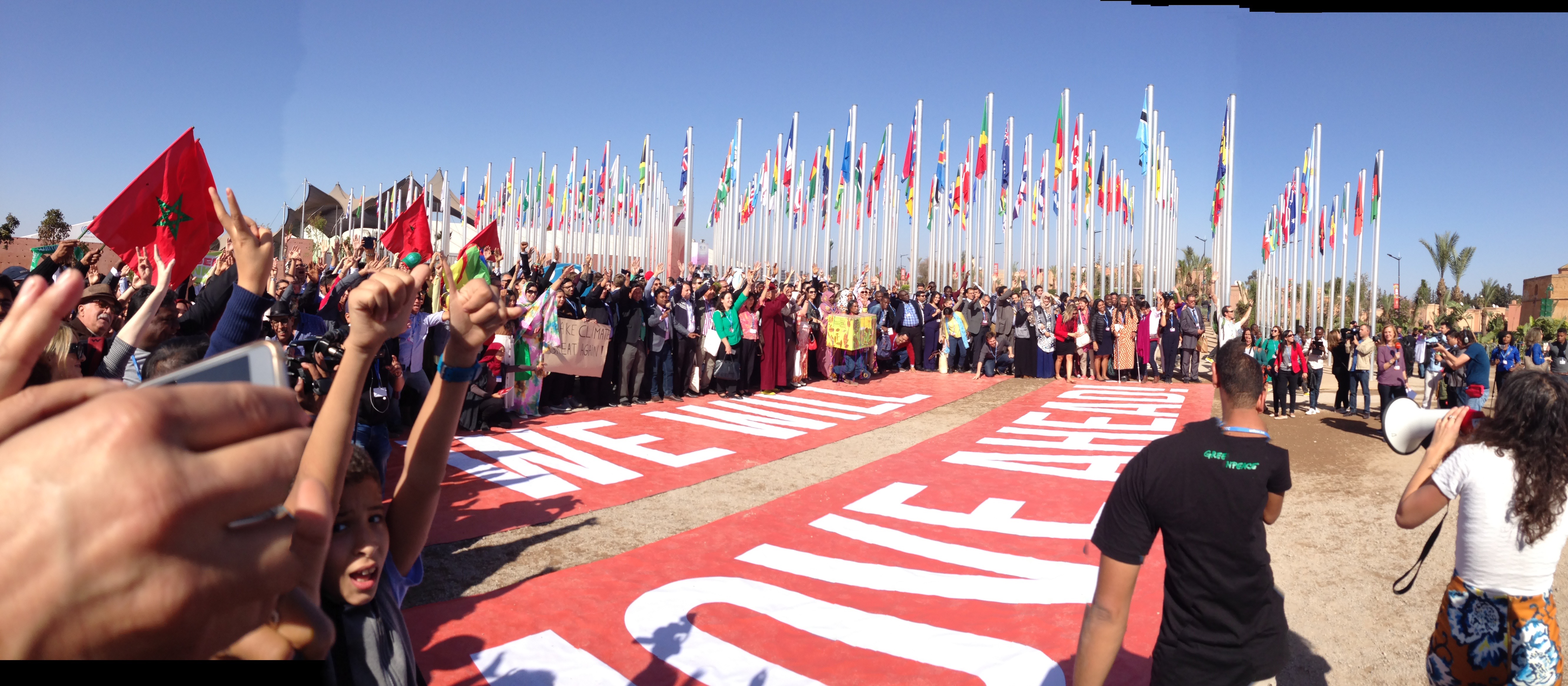 A "family photo" organized by Greenpeace, at the entrance to the United Nations, with a banner reading "We Will Move Ahead"