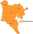 Digital art map of Hinggan divisions with six numbered regions and a metropolitan area legend on a white background.