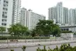Po Lam Estate high-rise residential buildings behind green trees and a metal fence in a Chinese city landscape