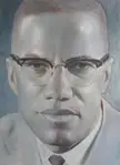 Fine art oil painting of Malcolm X wearing glasses, a white shirt, and a light-colored suit jacket.
