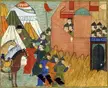 Chinese painting of an army encampment with armored figures in colorful tunics, horses, and tents by a walled city