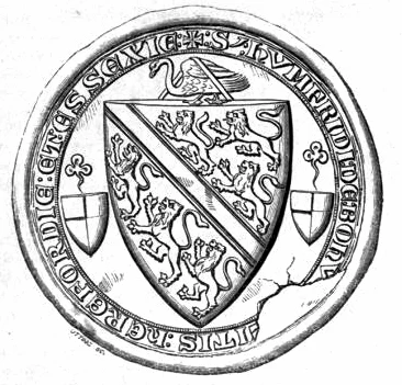 Counter seal of Humphrey de Bohun, 4th Earl of Hereford (1276–1322), attached to the Barons' Letter, 1301, showing the Bohun swan above the escutcheon and supporting the guige strap