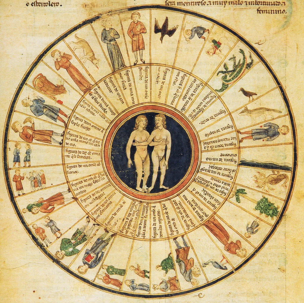 Paranatellonta: this manuscript illumination from an astrology text attributed to Alfonso X of Castile illustrates the effects of various stars and constellations, including Corvus, Cygnus, and Draco, when acting in concert with Gemini.